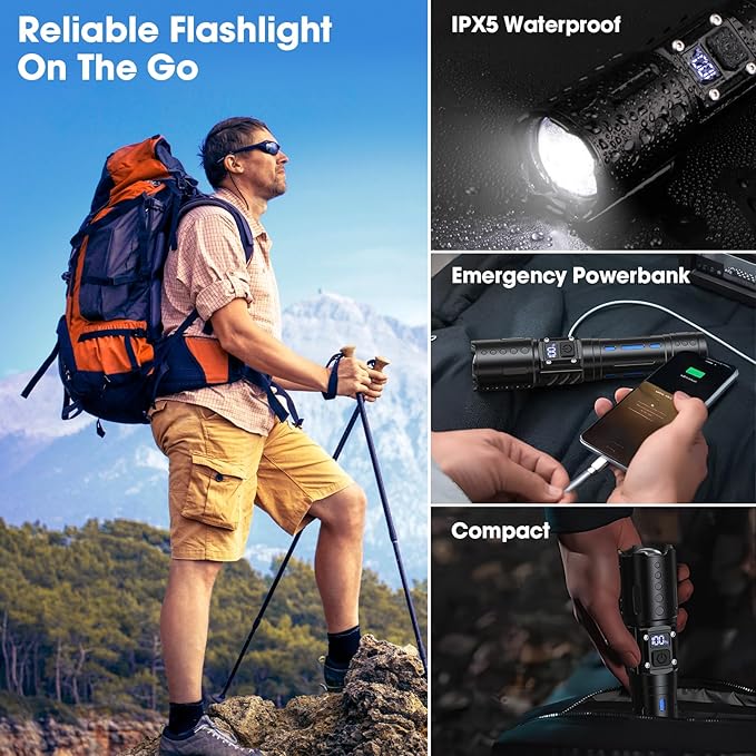 EDC Flashlights 2000 High Lumens Rechargeable - Long Beam Small Pocket LED Tactical Flashlight with Memory Function&Stepless Dimming&Power Display& IPX5 Waterproof for Emergency, Camping, Home