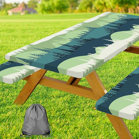 Picnic Table Cover with Bench Covers Tablecloth with Elastic Edges Waterproof Windproof Camping Essentials, Fitted Rectangle Tables and Seats, Drawstring Bag, 96in, Blue Green