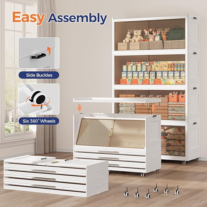 150GAL Extra Large Stackable Storage Bins with Lid, 600QT Plastic Closet Organizer and Storage Cabinet with Wheels and Doors, Folding Storage Box Container for Home Organization, 3Pack White