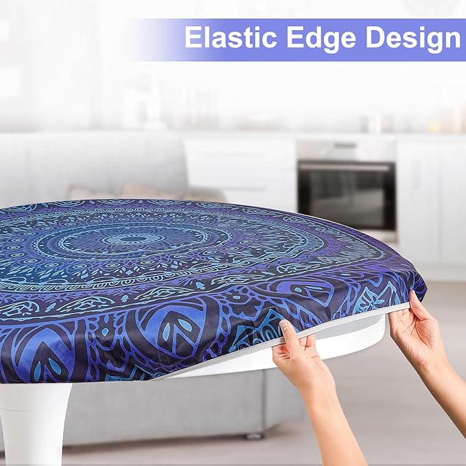 Round Tablecloth Fitted Elastic Table Cover Waterproof Table Cloth for Dinner, Party, Picnic,Camping, Round Table Cover for Indoor Outdoor