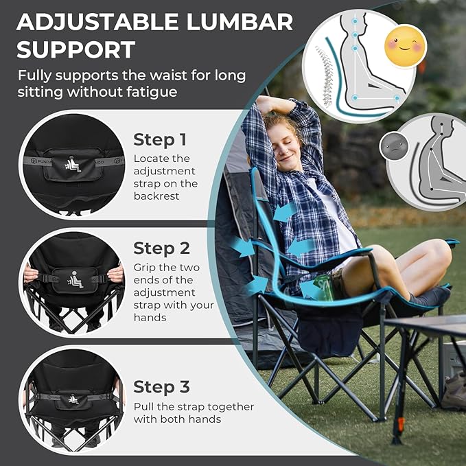 FUNDANGO Oversized Camping Chair for Adults, 2 Pack, Heavy Duty Foldable Portable Lawn Chair with Padded Seat & Back, Lumbar Support, 4-can Cooler & Cup Holder, Carry Bag Included for Outdoor (Black)
