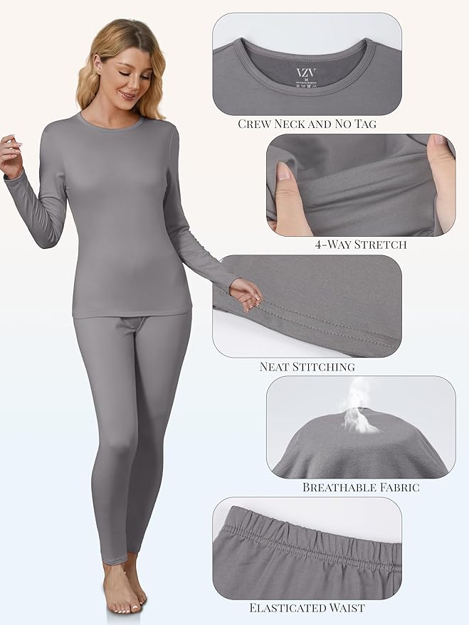 VZV Thermal Underwear for Women, Long Johns for Women Thermal Sets Fleece Lined Base Layer Top and Bottom Set