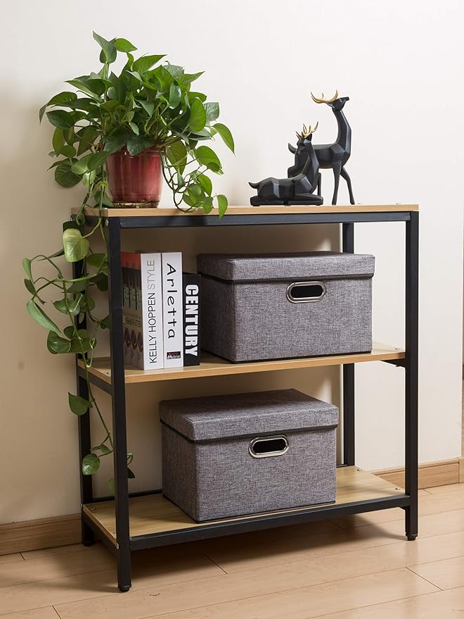 PRANDOM Collapsible Storage Containers with Lids [5-Pack] Linen Fabric Foldable Storage Bins Boxes Organizer Baskets Cube with Cover for Home Bedroom Closet Office Nursery (14.9x9.8x9.8)