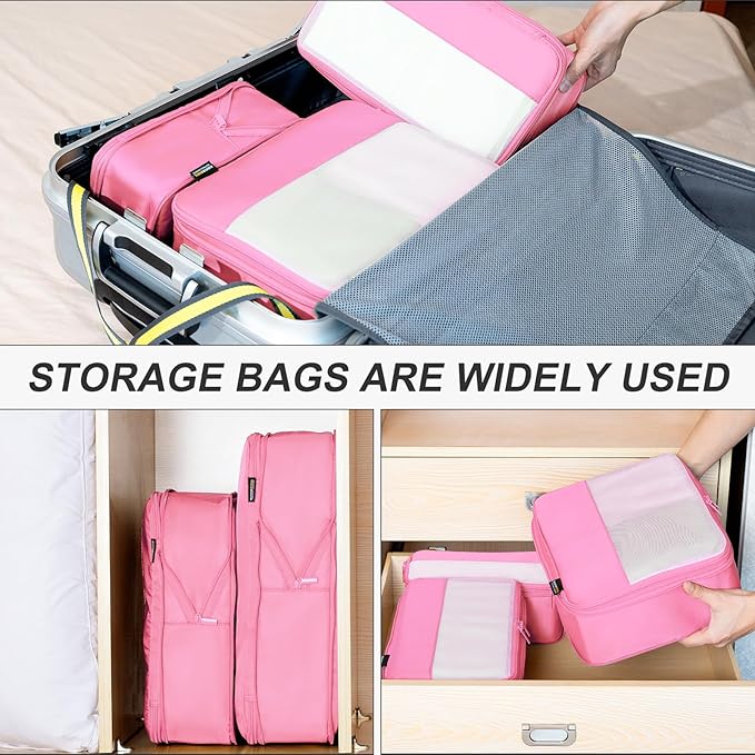 6 Set Compression Packing Cubes for Travel Essentials, Luggage Organizers for Suitcases (Light Pink)