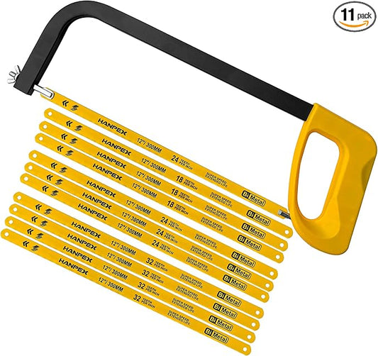 12in. High-Tension Hacksaw Frame with 10pcs Extra Bi-metal Blades, Hand Saw Suitable for Metal, wood, PVC, Carpentry