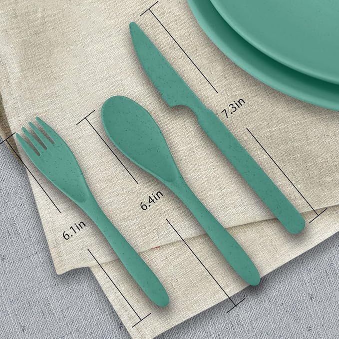 64-Piece Service for 8 Dinnerware Set - Unbreakable Wheat Straw Dinnerware sets of 64 - Dinner plates/Snack plates/Cereal bowls/Drinking Cups/Cutlery for Outdoor camping and indoors.Green