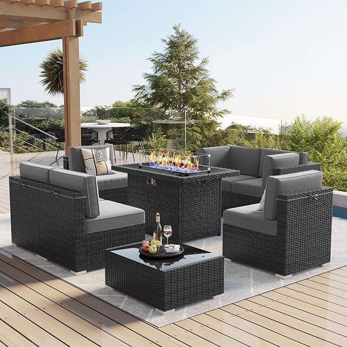 LayinSun 8 Piece Patio Furniture Set with 44" Propane Gas Fire Pit Table, Outdoor Sectional Conversation Set Wicker Rattan Sofa Set with Coffee Table