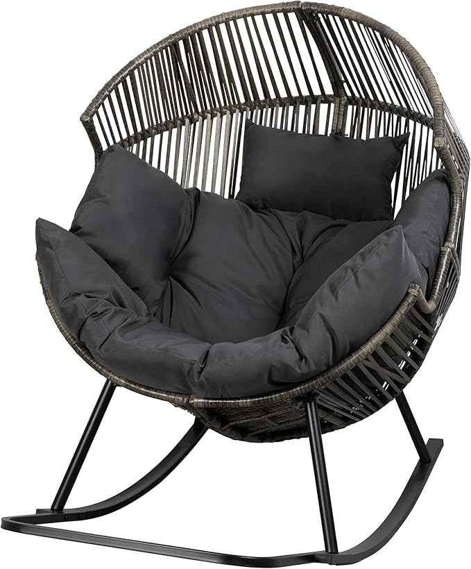 JAMFLY Egg Chair Outdoor Rocking Chairs, Wicker Patio Chair Oversized Lounger Chair with Cushion for Indoor Living Room Bedroom Outside Patio Backyard Balcony, Dark Gray