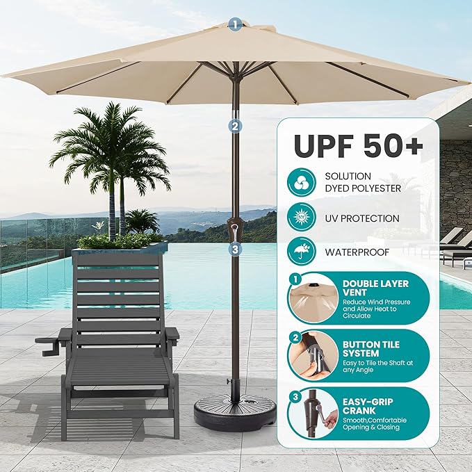SERWALL Patio Chaise Lounge Chair Set of 2 with 9FT Patio Umbrella, 78'' HDPE Outdoor Lounger 5 Positions Adjustable, Poly Lounge Chair with Rolling Wheels & Cup Holder for Pool,Slate Gray
