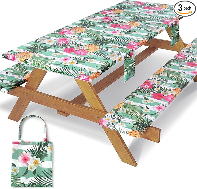 3 Piece Picnic Table Cover with Bench Covers Elastic Fitted Heavy Duty Camping Table Cloths for 8Ft Tables Camper Travel Trailer Must Haves Motorhome Garden Organization Moms Dads Kids Gift