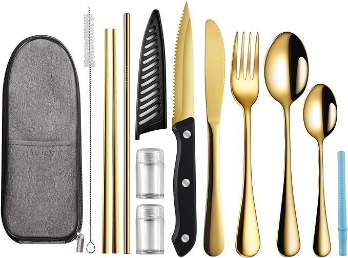 Travel Utensils with Case,Reusable Utensils,Portable Travel Camping Cutlery Set,Stainless Steel Flatware Set,Lunch Boxes Workplace Camping School Picnic (Gold)