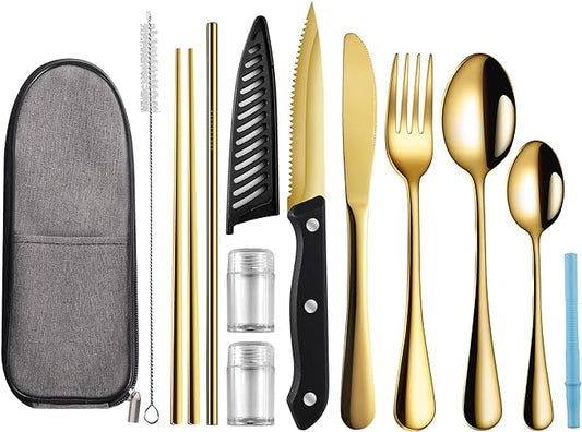 Travel Utensils with Case,Reusable Utensils,Portable Travel Camping Cutlery Set,Stainless Steel Flatware Set,Lunch Boxes Workplace Camping School Picnic (Gold)