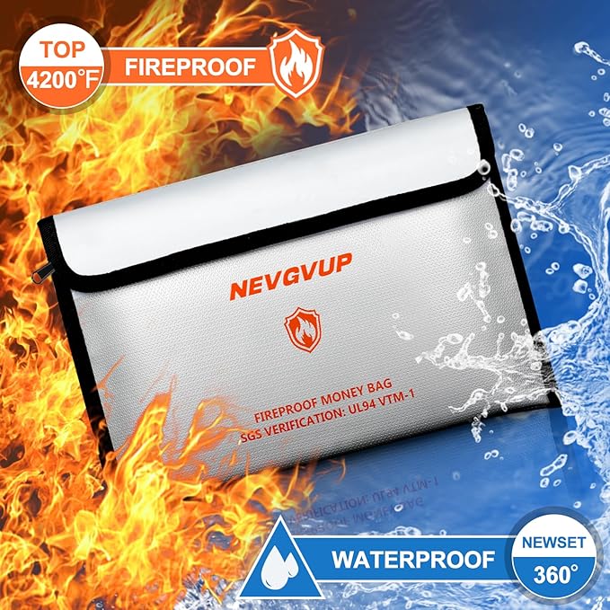 4200°F Fireproof Money Bag for Cash -Heat Insulated, 9.8 x 6.5" Fireproof Document Bag with Waterproof Zipper, Small Fire proof Bags Set with Reflective Strip and Fire proof Edging for Valuables