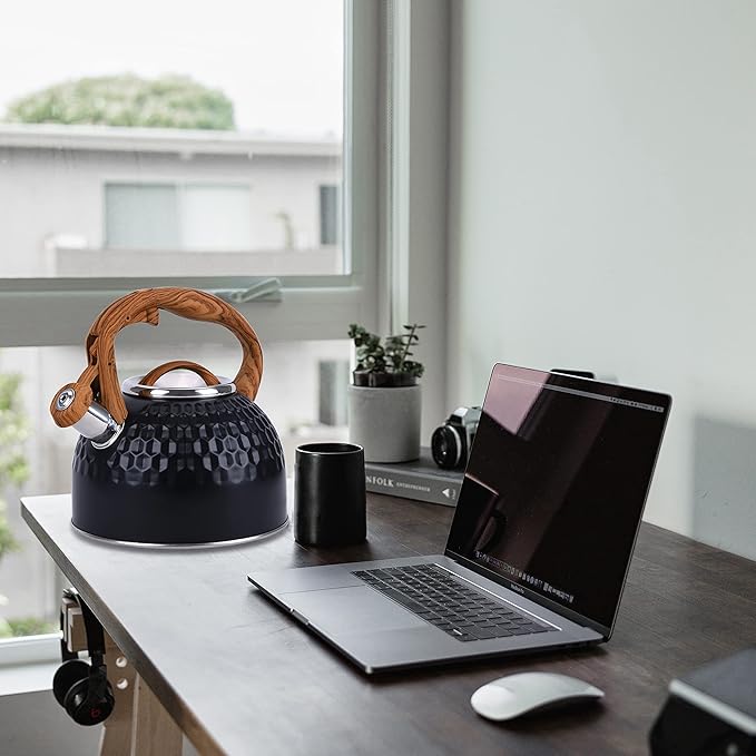 GGC 3L Loud Whistling Tea Kettle for Stove Top, Stainless Steel Kettle with Wood Pattern Handle for Boiling Water Milk or Coffee, Unique Button Control Kettle Outlet, Premium Black Kettle with a towel