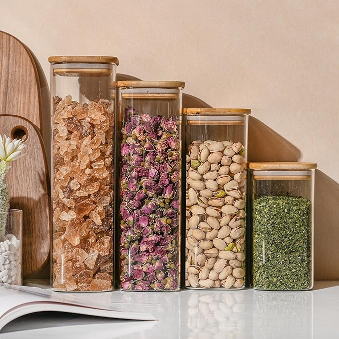 56oz Rectangle Airtight Glass Storage Containers with Bamboo Lids (Set of 3), Square Food Storage Jar, Pantry Organizers for Oats, Cereal, Pasta and Coffee beans (‎with Black Lable)