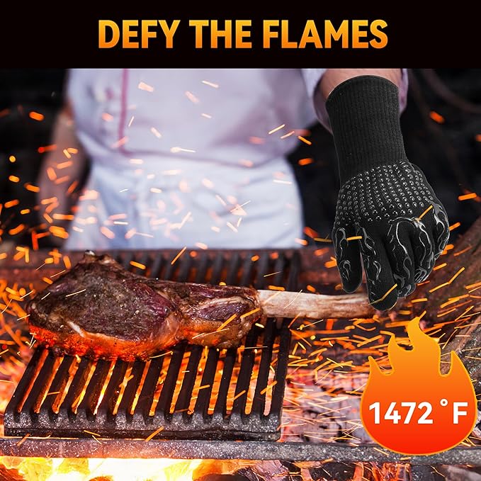 Professional Heat Resistant Gloves 1472°F, Fireproof Aramid Fiber/Silicone/Cotton BBQ Gloves for Grilling, Oven, Fireplace, Cooking & Heavy Duty Kitchen Handling（A Pair for Sale）