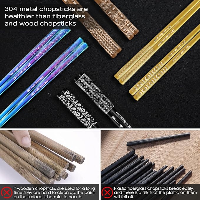 8 Pairs Metal Chopsticks Reusable Multicolor Stainless Steel Chopsticks Set Laser Engraved Non-slip Japanese Korean Chinese Chopstick for Cooking Eating Dishwasher Safe 9.25" Chop Sticks Gift Set
