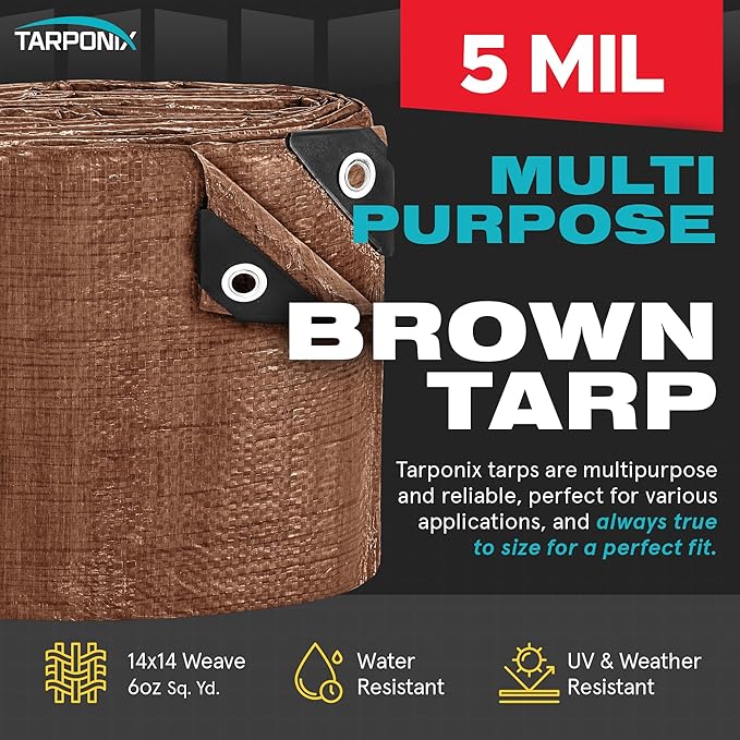 Brown Poly Tarp 6’ x 10’ – Lightweight 5 Mil Waterproof Cover – Durable, Weatherproof, Multipurpose Protection for Camping, Roofing, Construction