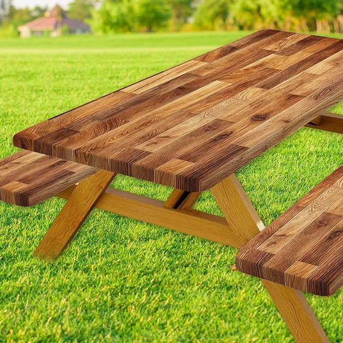 JAWO Picnic Table Covers with Bench Covers Wooden Pattern Camping Tablecloth 6FT for 6 Person Fitted Picnic Table Cover with Elastic Windproof Waterproof Fabric, Camping Accessories Patio & Outdoor