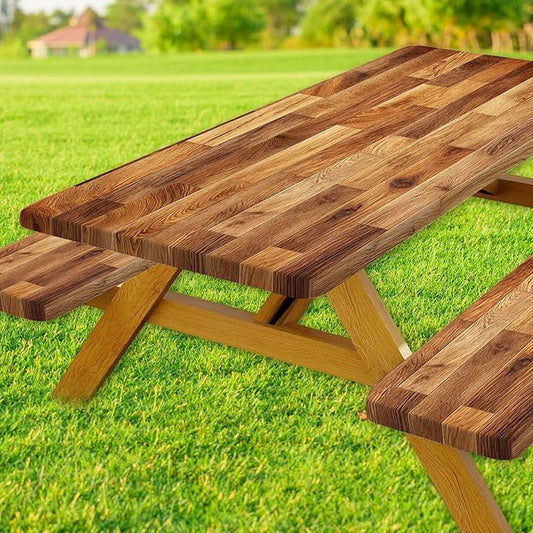 JAWO Picnic Table Covers with Bench Covers Wooden Pattern Camping Tablecloth 6FT for 6 Person Fitted Picnic Table Cover with Elastic Windproof Waterproof Fabric, Camping Accessories Patio & Outdoor