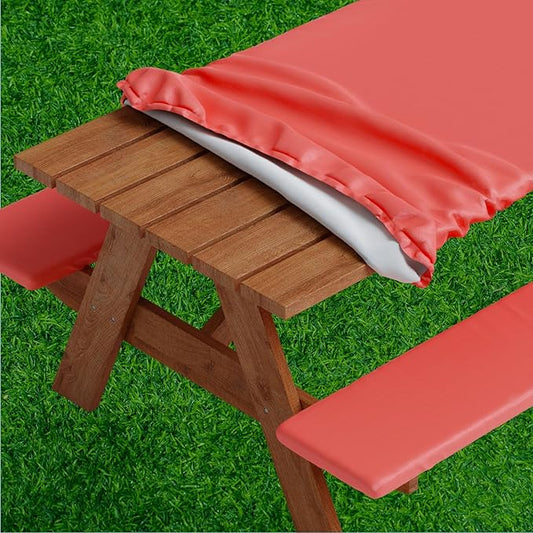 Sorfey Picnic Table Cover with Bench Covers -Fitted with Elastic, Vinyl with Flannel Back, Fits for Table 30"x 60" Rectangle,Water Proof, Solid RED Design