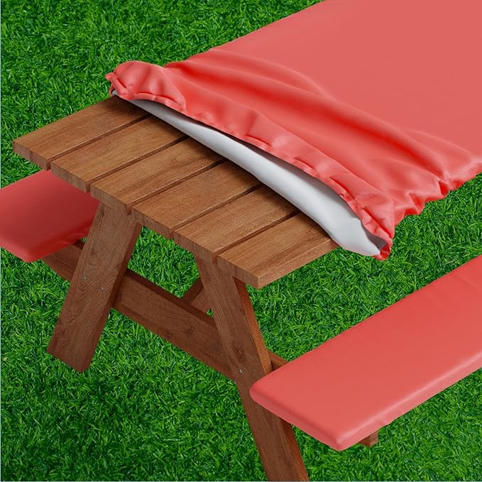 Sorfey Picnic Table Cover with Bench Covers -Fitted with Elastic, Vinyl with Flannel Back, Fits for Table 30"x 72" Rectangle,Water Proof, Solid RED Design