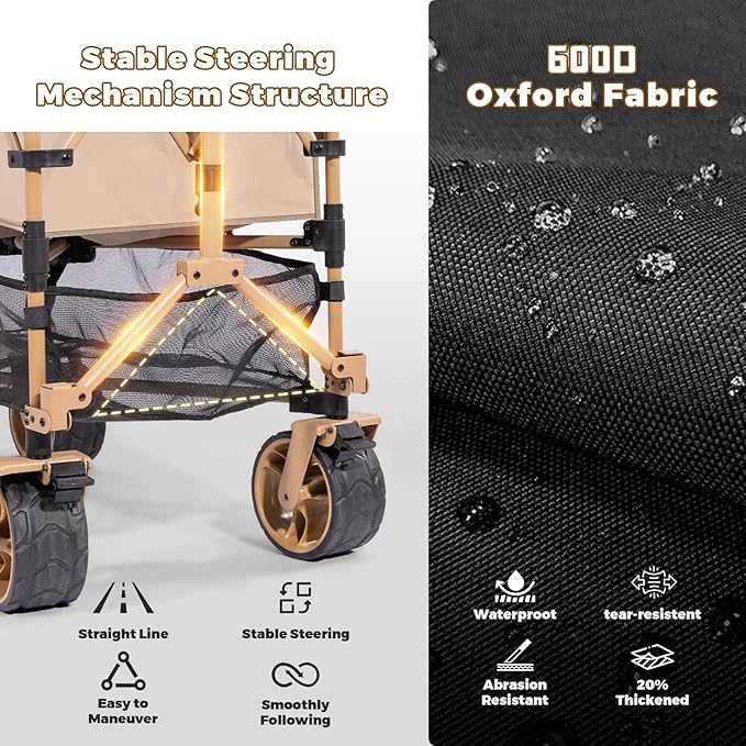 Whitsunday Double Decker Wagon, Heavy Duty Foldable Large Beach Wagon Cart with All-Terrain Big Wheels for Sports,Camping,Outdoor Khaki