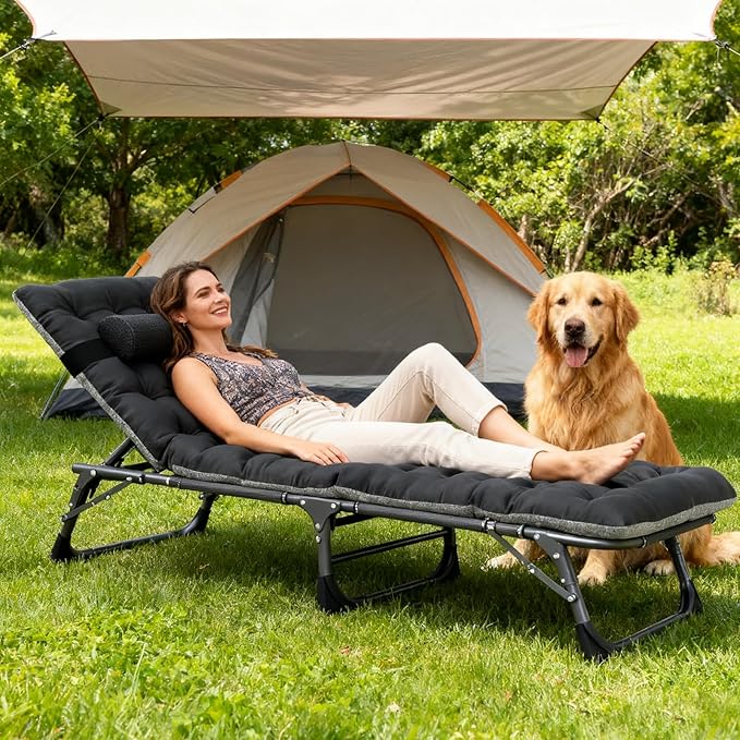 LILYPELLE Folding Camping Cot, Extra Wide Heavy Duty Sleeping Cots with Carry Bag, Double Layer Oxford Portable Travel Camp Cots for Home, Office Nap and Outdoor Beach