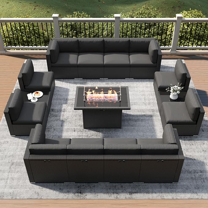 LayinSun 15 Piece Patio Furniture Set with Fire Pit Table, Outdoor Conversation Sets Wicker Rattan Sectional Sofa with Coffee Table
