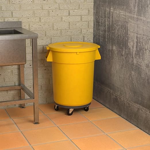 32 Gallon Yellow Round Commercial Trash Can with Lid and Dolly