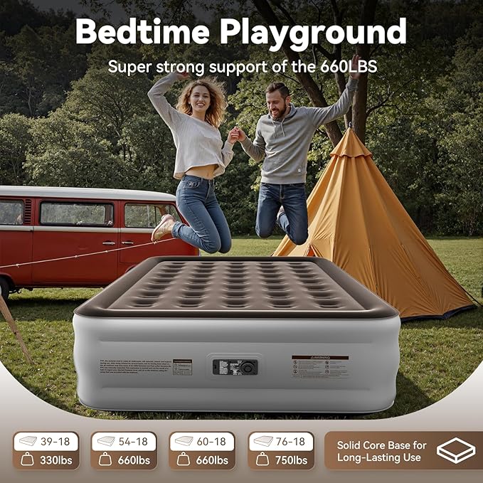 DIVON Queen Air Mattress with Built in Pump Raised, 2 Min Self Inflatable Mattress, 18’’ Blow up Mattress for Adults, 660 LBS Portable Air Bed for Guest, Camping, Travel & Floor, Brown