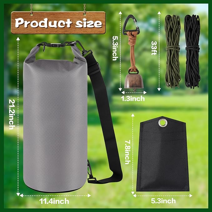 Bear Bag for Camping, Grey Ultralight Food Hanging System Include Waterproof Bear Bag, Nylon Ropes, Carabiner Clip, Bear Bell for Backpacking, Hiking, Outdoor Activity