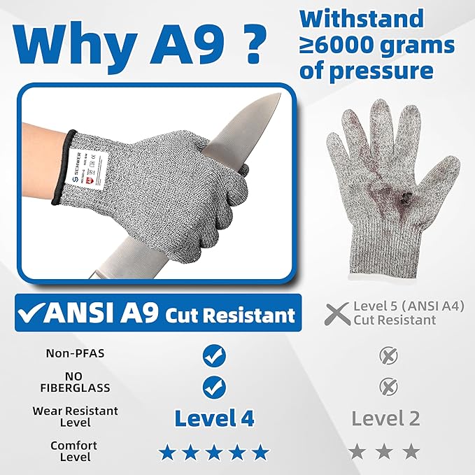 Schwer 150 Pairs ANSI A9 Cut Resistant Gloves, Food Grade Reliable Cutting Glove, Mandoline Glove for Kitchen, Oyster Shucking, Non-PFAS, PR1501-G, L