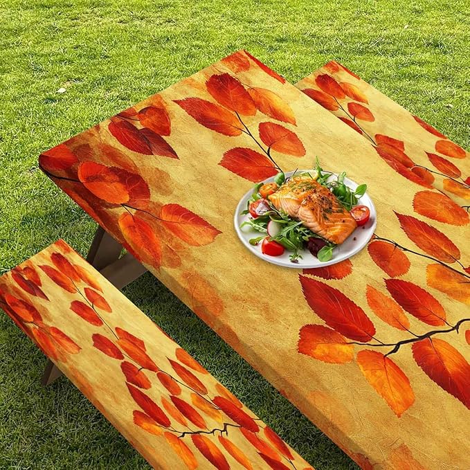 CAPSCEOLL Elastic Picnic Table Cover with Bench Covers 5Ft Waterproof Fitted Picnic Table Cover Cloths for Outdoors Camping Tablecloth with Drawstring Bag, 60X30in, Burnt Orange Leaves
