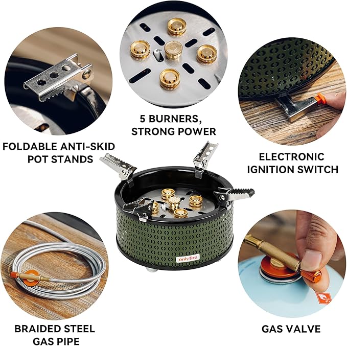 ONLYFIRE Portable Camping Gas Stove with Storage Bag & Foldable Brackets, 5 Burners Camp Stove 3 Fuels Adapters, Propane Stove for Outdoor Cooking Picnic Camping Backpacking Hiking, Green GS344