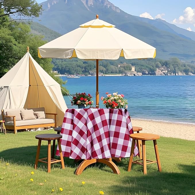 Poise3EHome 60 inches Outdoor/Indoor Waterproof Spillproof Round Tablecloth with Umbrella Hole for Camping, Picnic, Spring, Patio, Party, Burgundy Red Checkered