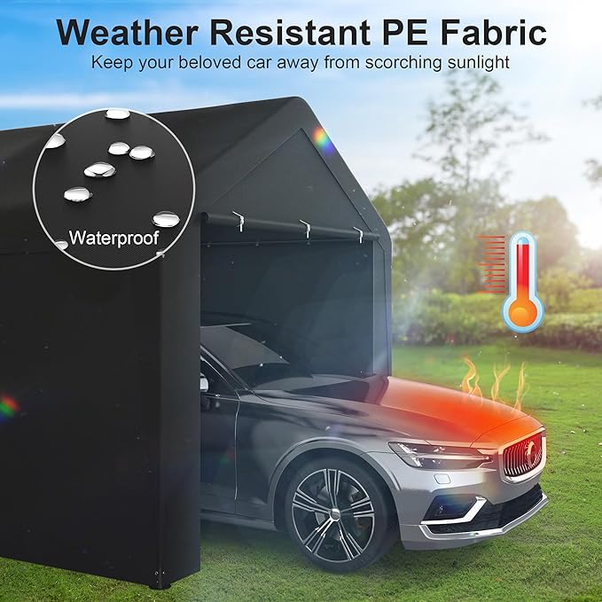 Carport, 10‘ x 20’ Heavy Duty Portable Garage All-Season Car Canopy w/Removable Sidewall & Doors, Carport Canopy Party Tent w/Water-Resistant Tarp for Backyard (Black, 10‘ x 20’)