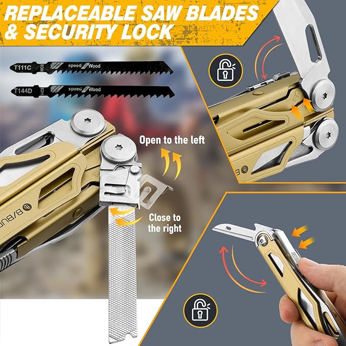 BIBURY Multitool Pliers Pro BI2045, 31-in-1 Stainless Steel Multi Tool with Replaceable Wire Cutters and Saw, Foldable Heavy-duty Multitool Set with Scissors and Screwdriver for Hiking Camping Repair