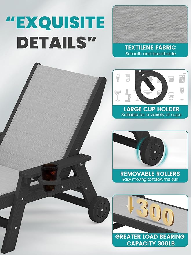 SERWALL Patio Chaise - 5 Position Outdoor Textilene Lounge Chair with Rolling Wheels for Poolside, Deck, Black