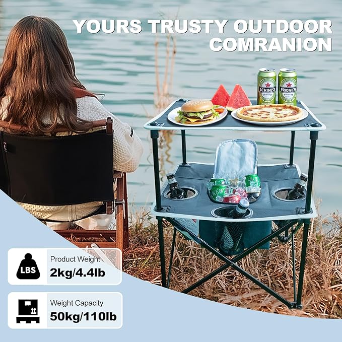 Folding Beach Table, Camping Table for Sand with Insulated Cooler Storage & 4 Cup Holders, Portable Pop Up Picnic Table, Lightweight Side Table for Outdoor