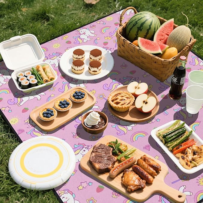 Extra Large Picnic Outdoor Blanket 80''x80'' Pink Unicorn Waterproof and Sandproof Picnic Mat for Beach Foldable Camping Accessories for Grass Lawn Park
