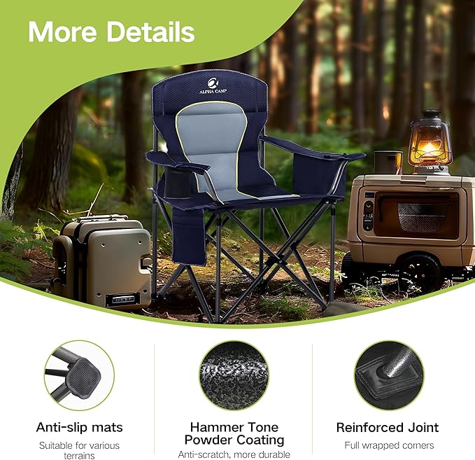 GREEN PARTY Folding Camping Chair Oversized Heavy Duty Lawn Chair with Cooler Bag, Cup Holder, Storage Pocket, Collapsible Padded Outdoor Arm Chair, Quad Lumbar