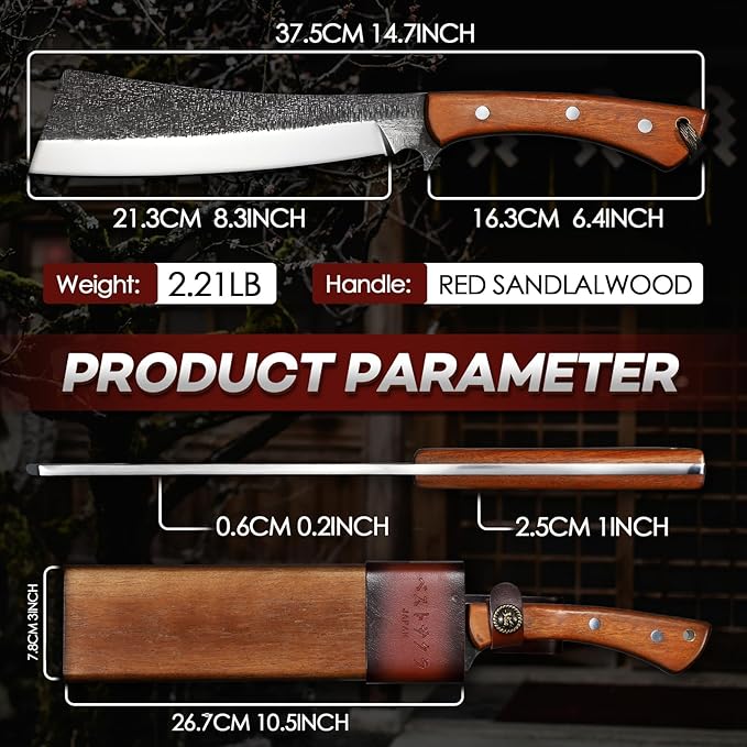 Freelander Japanese Style High Carbon Steel Machete with Red Sandalwood Ergonomic Full Tang Handle and Wood-Leather Sheath — Heavy-Duty Outdoor Tool for Camping, Hiking, Yard Work, and Survival