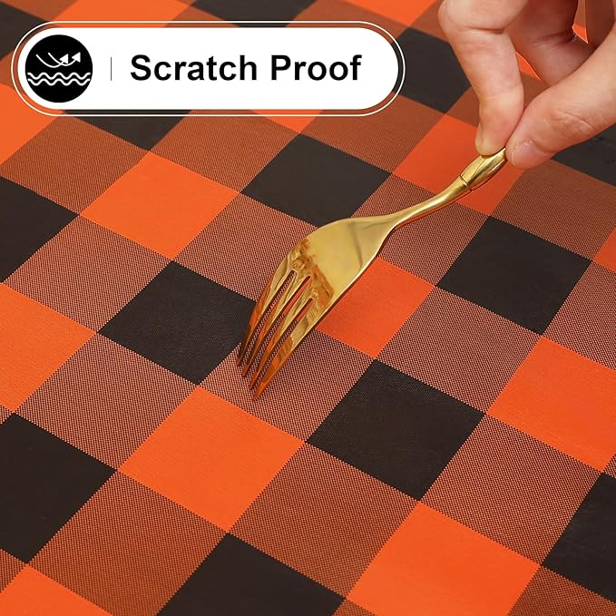 misaya Rectangle Waterproof Vinyl Table Cloth, Buffalo Flannel Backed Tablecloth, Wipeable Plastic Table Cover for Dinner, Kitchen, Picnic (60" x 120", Orange and Black)