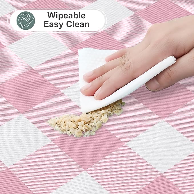 misaya Square Waterproof Vinyl Table Cloth, Buffalo Flannel Backed Tablecloth, Wipeable Plastic Table Cover for Dinner, Kitchen, Outdoor (54" x 54", Pink and White)