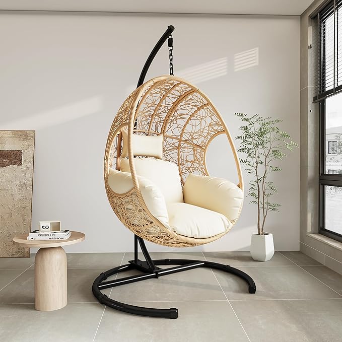 Hanging Egg Chair with Stand - Egg Swing Chair Outdoor Indoor Patio Wicker Chair Swing Hammock Egg Chairs 400lbs Capacity for Outside Patio, Bedroom, Garden and Balcony (Beige-nest, 2P)