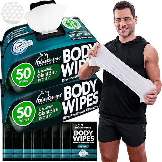 Body Wipes for Men (2pk) - 100 XL No Rinse Shower Sheets + 8 Travel Bath Wipes - 9"x12" After Gym Adult Washcloths - Mens Deodorant & Face Towels For Camping Essentials, Survival Gear and Supplies
