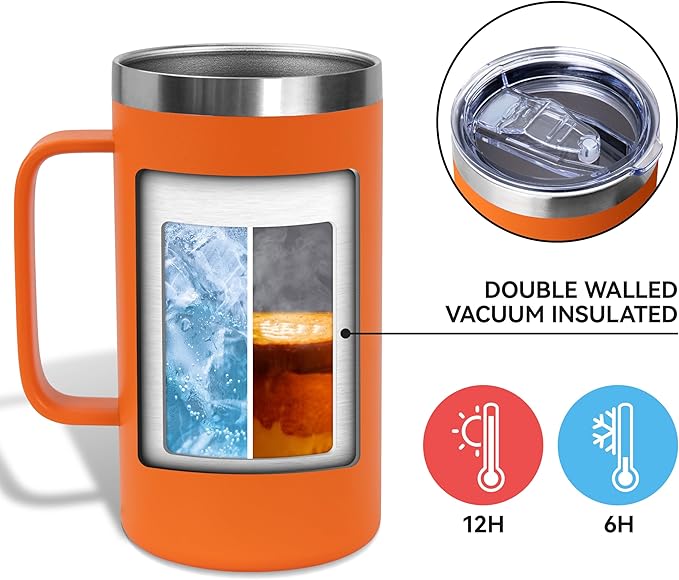 DOMICARE 24oz Mug with Handle and Lid, Stainless Steel Coffee Mug, Travel Mug with Handle, Double Wall Vacuum Coffee Tumbler, Reusable Insulated Cup, Orange, Pack 8