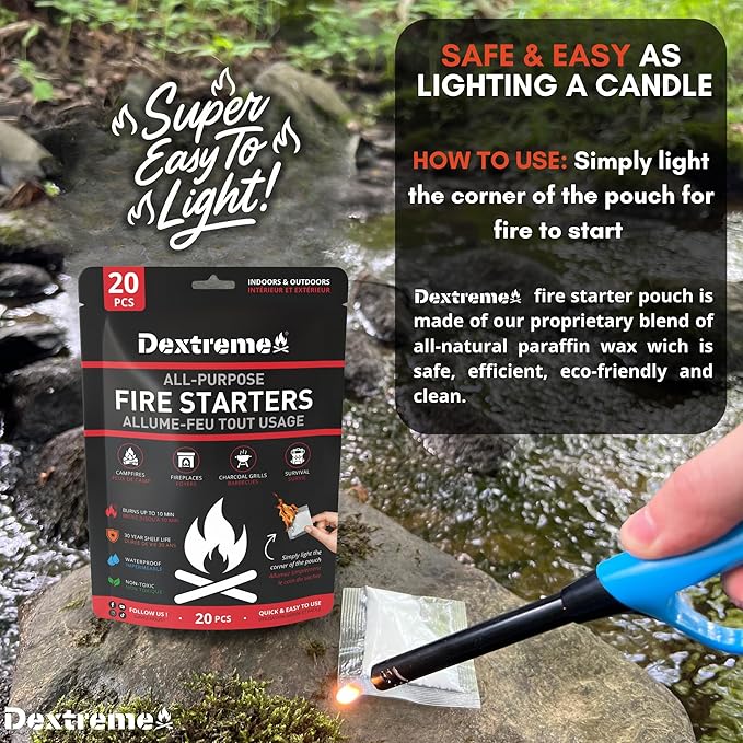 Dextreme Quick Instant Fire Starter - Waterproof All-Purpose Indoor & Outdoor Firestarter, for Charcoal Starter, Campfire, Fireplace, BBQ, Survival and Wood Stove (20 Pcs Bag)