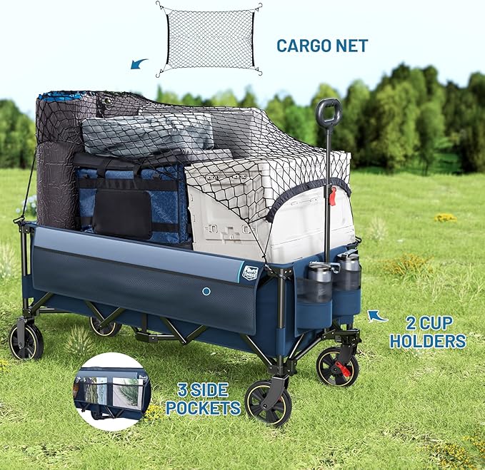 TIMBER RIDGE 51.2'' Extended Collapsible Wagon Cart with Brakes and Cargo Net, 350LBS Heavy Duty Foldable Utility Wagon with Adjustable Handle, 400L Capacity Portable Cart for Camping Sports Shopping